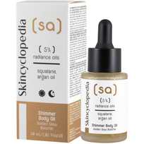 Skincyclopedia Shimmer Body Oil blizgesio suteikiantis kūno aliejus su 5% spindesį skatinančiais aliejais,skvalenu, arganų aliejumi ir aukso dalelėmis, 30 ml