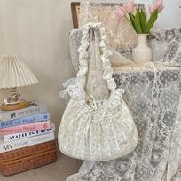 Artistic Rose Lace Bow Handbag with Floral Pleated Strap - Commuting Crossbody & Underarm Bag