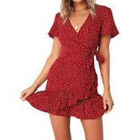 Available Women's Summer Butterfly Printed Lace-up Ruffle V-Neck Dress L