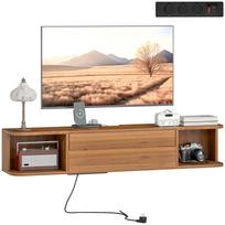 Sieninis televizoriaus staliukas, skirtas iki 50 colių televizoriams, su elektros lizdais, USB ir C tipo jungtimis, stalčiumi ir lentynomis, 120x24x22,4 cm, riešuto spalvos 120 x 24 x 22.4 cm
