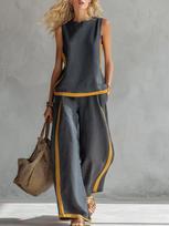 2026 European & American Style Sleeveless Color Block Wide-Leg Pants Suit: Women's Casual Summer Two-Piece Set XL
