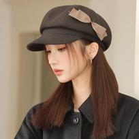 Korean Versatile Bow Beret Autumn and Winter New Casual Hat for Women Showing Their Faces Little Painter Hat Retro Newspaper Hat One Size