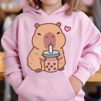 Cute Capybara Loves Bubble Tea Children's Hoodie Pink Autumn and Winter Girl's Top 110 white