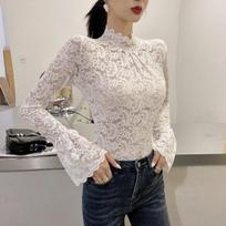 Spring Autumn New Lace Bottoming Shirt New See Through Long Sleeved Inner Hollow Out Stand Collar Slim Blouse Elegant Sweet Solid Color Tops L balta