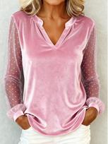Elegant European & American Women's V-neck Lace Patchwork Long Sleeve Velvet Top. M rožinė