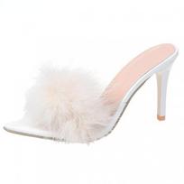 Moteriškos šlepetės Aukštakulniai Kailiniai Stileto Peep Toe Mules Moterų kambariniai Guma Zapatillas Mujer Smailianosiai Raudoni Vasariniai Nauji Seksualūs Batai 35 balta