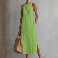 Womens Halter Neck Sleeveless Lace Trim Side Slit Midi Dress S žalia