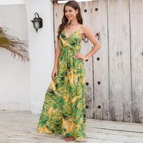 Vasaros Bohemian Plant marginta ilga suknelė be rankovių moterims Seksuali suknelė su V formos iškirpte Elegantiška paplūdimio suknelė Vestido De Mujer 24928 S žalia