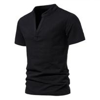 Stand Collar Deep V-Neck Short Sleeve Men T-shirt Summer Solid Color Slim Fit Tee Top Streetwear 2XL juoda