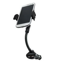 Įkroviklis Automobilinis telefono laikiklis 2x USB-A 15,5W cigarečių žiebtuvėliui 12-24V 360° pasukimas išmaniesiems telefonams 60-87 mm LogiLink