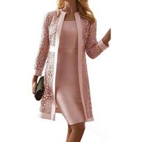 Women Outfit Solid Color Lace Cardigan Long Sleeve Knee-length Dress Coat Set for Office M rožinė