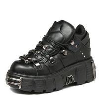 NEW Punk Style Women Shoes Lace Up Heel Height Platform Shoes Woman Gothic Ankle Rock Boots Metal Decor Woman Sneakers 36-45 36 juoda