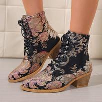 Embroidered Block Heel Fashion Pointed Toe Lace-Up Cloth Soft Sole Anti-Slip Wear-Resistant Booties 36 juoda