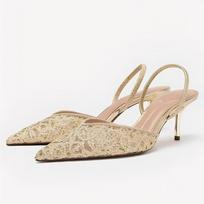 Prabangus tinklinis siuvinėjimo gėlių dizainas Auksiniai kulniukai Moterims Madingi Smailūs Slingback Mules Sandalai Elegantiški Banketiniai Bateliai 42 beige