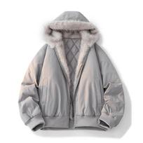 Žieminė striukė vyrams moterims su kailine apykakle madinga parka stora šilta striukė oversized laisva kasdienė striukė su gobtuvu street wear S pilka spalva