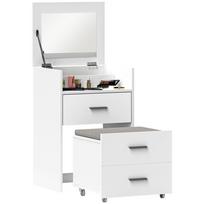 Medinis kosmetinis staliukas su atverčiamu veidrodžiu, 2 stalčiais ir kėdute, 50x40x113,5 cm, Baltas 50 x 40 x 113.5 cm