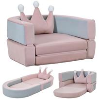 Children's Sofa Convertible into Bed and Play Area with Crown Cushion 116x61x14 cm Pink and Greyish Blue 116 x 61 x 14 cm rožinė