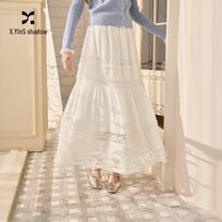 Elegant White Lace High-Waist Tiered Midi Skirt M balta