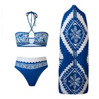 3Pcs/Set Women Swimsuit Set Lace-up Halter Bandeau Bra High Waist Briefs Set with Beach Skirt Vintage Printed Pattern Swimwear S mėlyna
