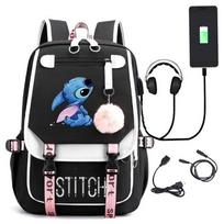 Stitch USB įkrovimo kuprinė, lengva vandeniui atspari mokyklinė kuprinė berniukams ir mergaitėms, didelės talpos Black and white