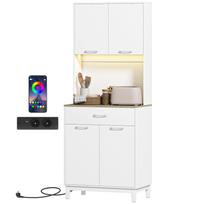 Aukštas virtuvės bufetas su LED ir įkrovimo stotele, virtuvinė spintelė su 4 durelėmis, stalčiumi ir stalviršiu, balta 71 x 40 x 180 cm