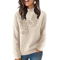 Women's Knitted Solid Color Long Sleeve Half High Collar Hoodie Bottom Shirt Top L smėlis