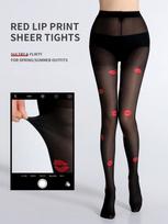 1 Pair Women Black Red Lip Print Sheer Stretchy Flirty Sexy Tights Spring M black