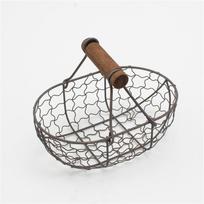 Rustic Egg Basket,Heavy Duty Iron and Wood Wire Storage Basket,Ergonomic Handle Mini Oval Pantry Organizer,Farmhouse Kitchen
