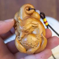 Cypress Wood Feng Jiu Fox Pendant with Tassel Ornament Gift