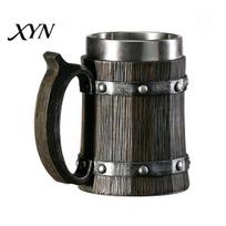 Oak Barrel Style Mug Wood Beer Mug, 600ml Stainless Steel Liner Stein, Party Drinking Rustic Tankard for Pub Home Bar Gift Large Glass 600ML I