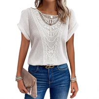 Summer new round neck lace hollow splicing short-sleeved T-shirt for women S balta