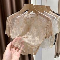 Women's Lace Mesh Summer Top with Ruffled Short Sleeves and Round Neck, featuring a Short Camisole Dress Layer M (suitable for 47.5-55 kg)
