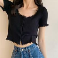 Korean Style Summer Spring Lace T-shirt Button Crop Top Slim Fit Knitted Cardigans One Size juoda