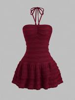 2026 Irregular Lace-up Halter Neck Summer Sweet Dress Medium raudona