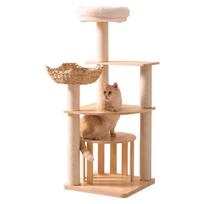 Solid Wood Cat Tree House with Scratching Post for Large Cats