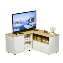 Kampinė TV spintelė TV suolas televizoriams iki 40 colių su laikymo vietomis, šviesaus medžio išvaizda ir baltas 90 x 90 x 45 cm