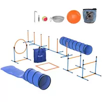 Agility rinkinys šunims, 11 dalių. Agility įranga šunims su 2 tuneliais, reguliuojamo aukščio šuolių lanku ir kliūtimis, slalomo lazda
