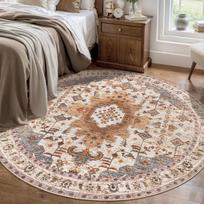Vintažinis bohemiškas medaliono formos apvalus kilimas, šiltų terakotos ir mėlynos spalvų, miegamajam ar svetainei 150cm x 150cm gray