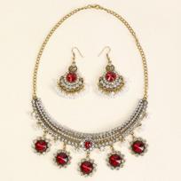 Bohemia Simulation Pearl Crystal Jewerly Set Flower Tassel Pendant Necklace Earrings For Women Wedding Collar raudona