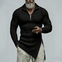 Men Ribbed Knit Half Zip Sweater Asymmetrical Hem Long Sleeve Pullover S juoda