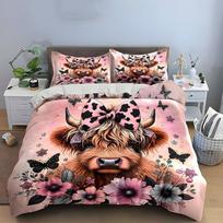 Highland Cow Floral Wall Art Multiple Sizes Kid'S And Adults' Bedroom Exquisite 3Pc Bedding Set, Gift (as the picture,AU Single 140X210cm&set) gray