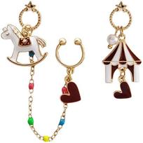 Asymmetric Clip On Earrings Set with Rocking Horse and Circus Tent Charms Connected by Chain with Heart Pendants Suitable for Non Pierced Ears One Size raudona
