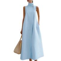 Women's Stand-Up Collar Long Dress Sleeveless One Button A-line Maxi Dress Formal Business Office Work Dress Size#XL mėlyna