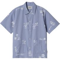 Carhartt WIP Stamp Shirt Loose Fit Printed Point Collar Button Short Sleeve Shirt Men shirts Blue I033689-2M8-XX S