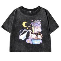 Vital Breakfast Fruit Loops White Milk  Print Womens Crop Top Washed Street Retro Tee Fitness  Short Sleeve M