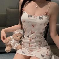 Sex lingerie sexy ice silk suspender nightdress set teddy bear off-the-shoulder dress seduction pure lace pajamas one size fits all beige