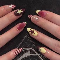24Pcs Short Almond Press On Nails, Nude with Burgundy & Yellow Star & Stripe Fake Nails for Y2K Girls United States brown