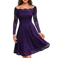 Elegant Off Shoulder Lace Dress for Women Long Sleeve Floral Cocktail Party Dress Knee Length A Line Evening Gown M violetinė