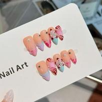 10Pcs Mermaid Shell Press On Nails - Pink Blue Floral Fake Nails for Summer XS beige