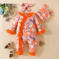 Adorable Baby Floral Flare Sleeve Jumpsuit with Hat & Headband (0-1Y) 12-18 Months oranžinė